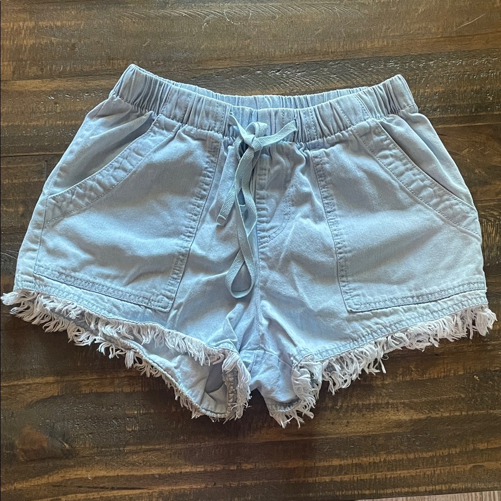 Light Blue Frayed Hem Women Shorts